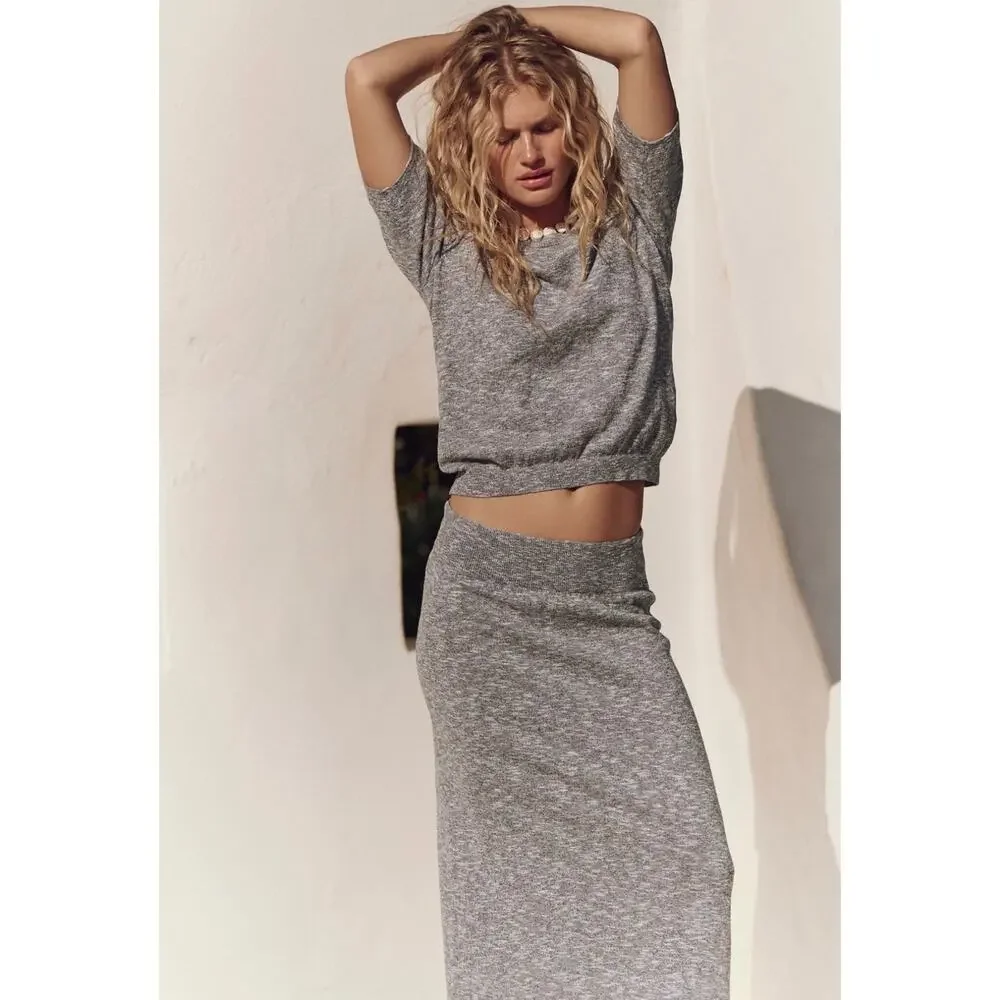 FREE PEOPLE NWT Grey Cotton Linen Combo Isabella Sweater Skirt Set Size Medium
